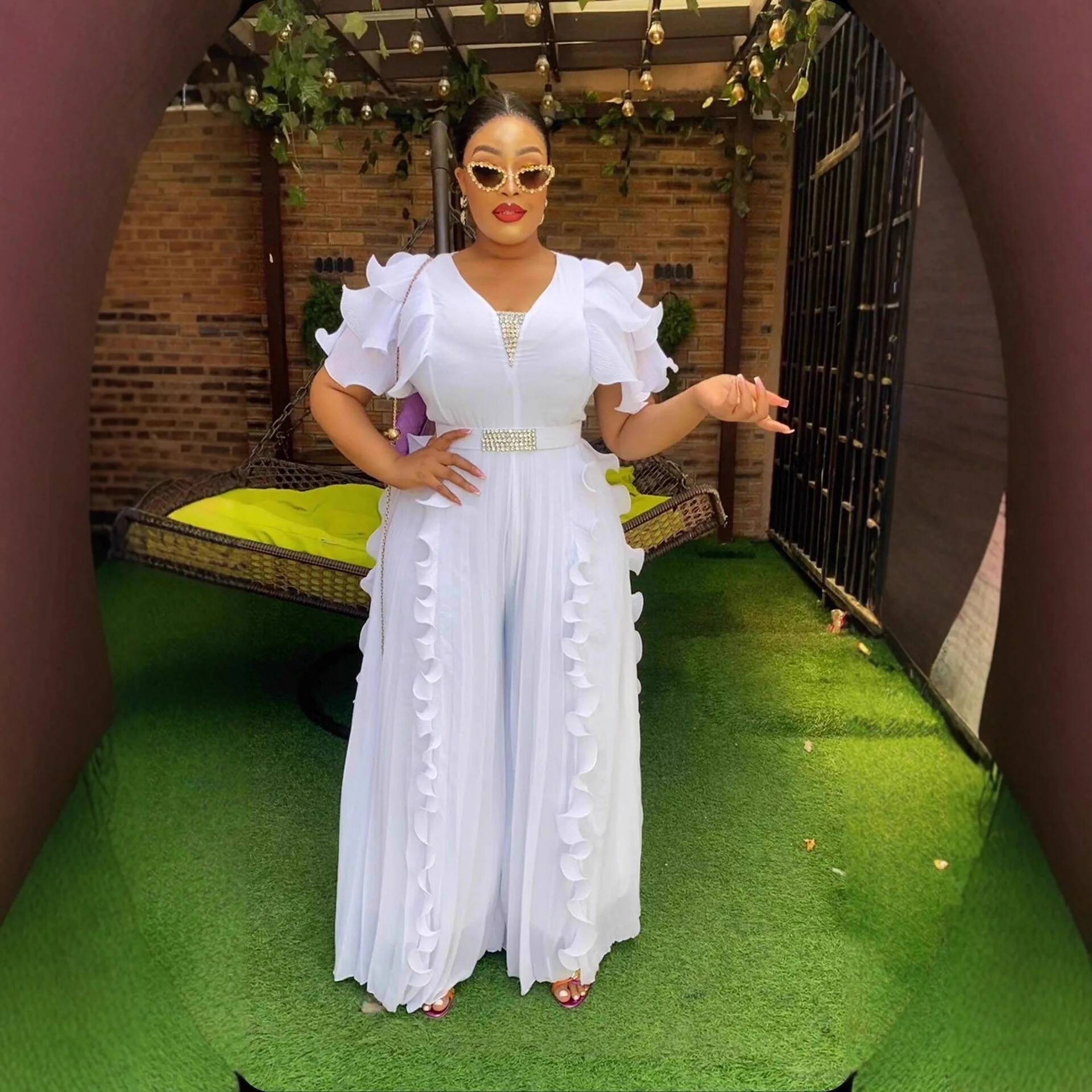 Summer Clothing Office - Plus Size Women's V-neck Ruffle Jumpsuit