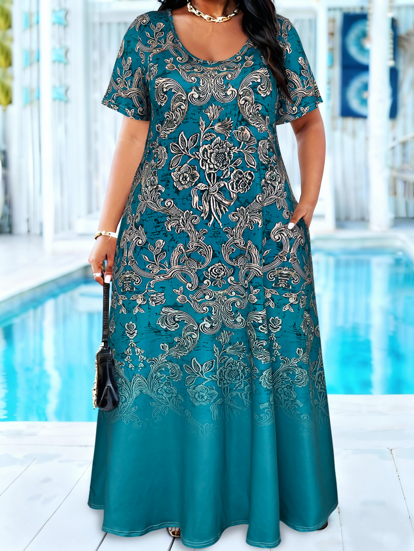 Summer Clothing For Older Women - Plus Size Teal Baroque Floral Print
