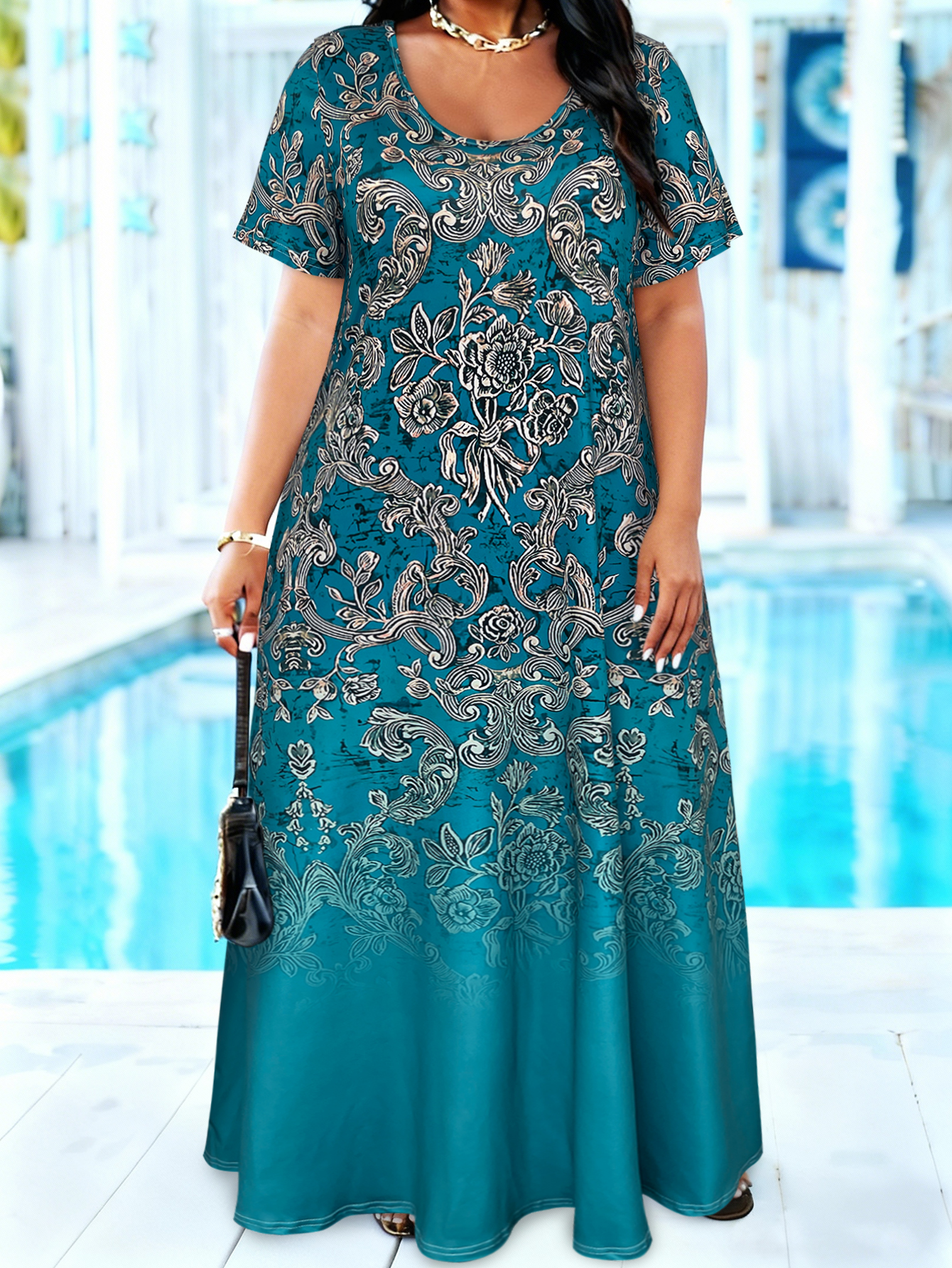 Plus Size Teal Baroque Floral  - Summer Clothing For Older Women ulasan dan harga