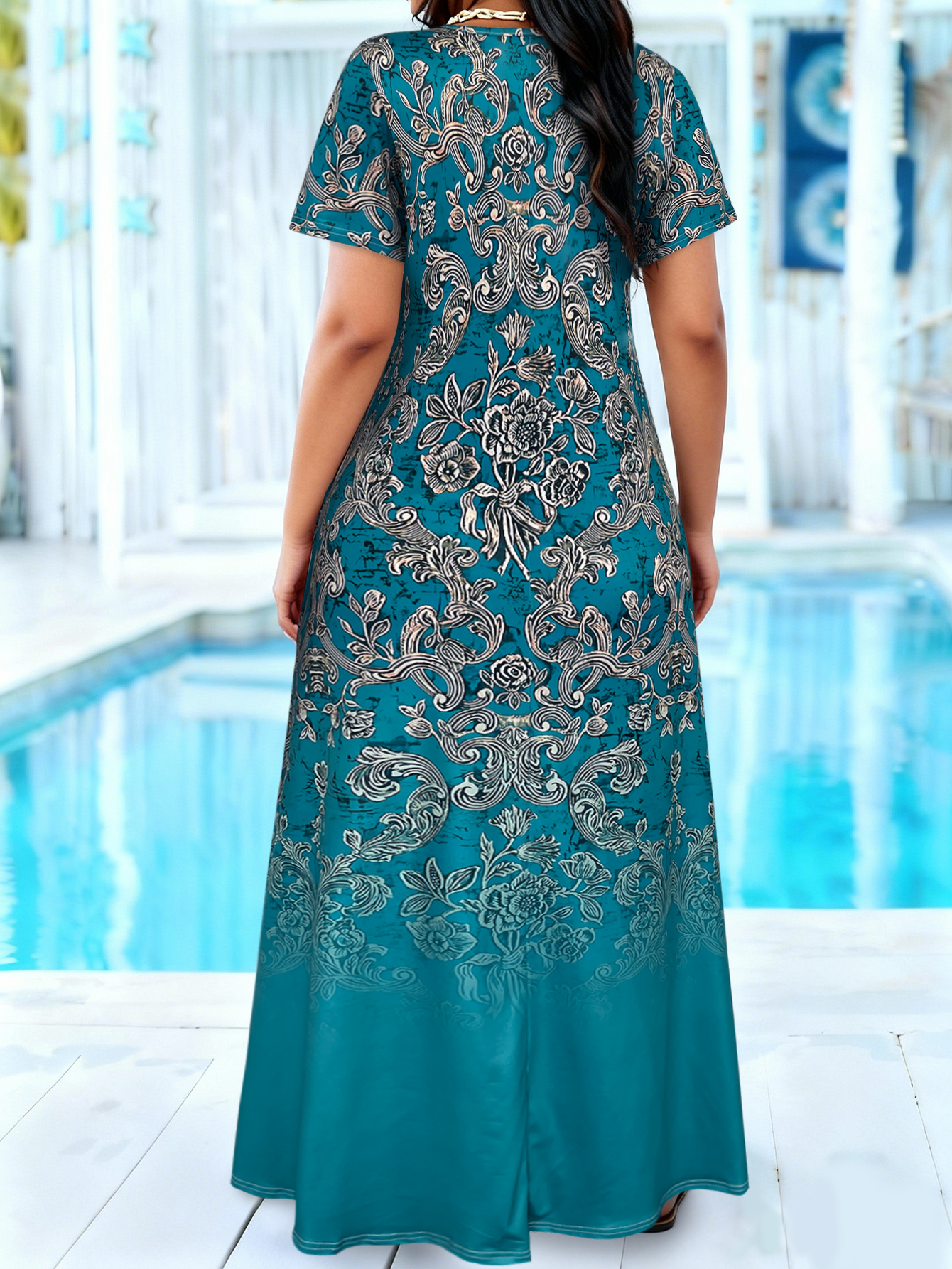 Plus Size Teal Baroque Floral  - Summer Clothing For Older Women ulasan dan harga